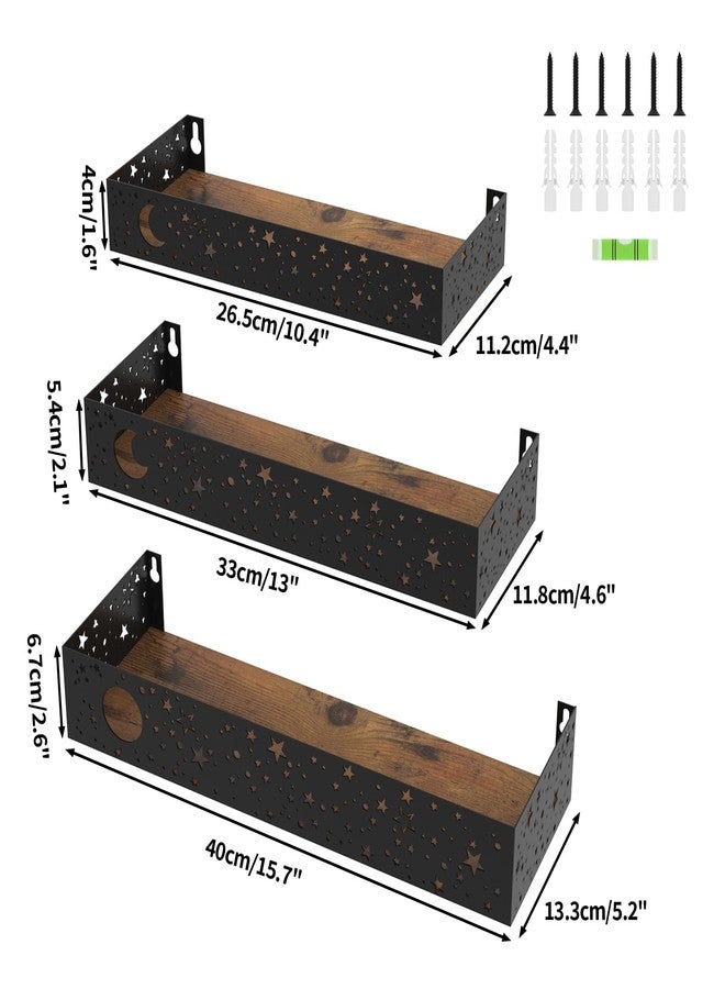 Serwrsw Moon and Stars Wall Shelves Black, Set of 3 Small Floating Shelves for Bedroom Living Room Wall Storage or Decor, Brown Board - Image 2
